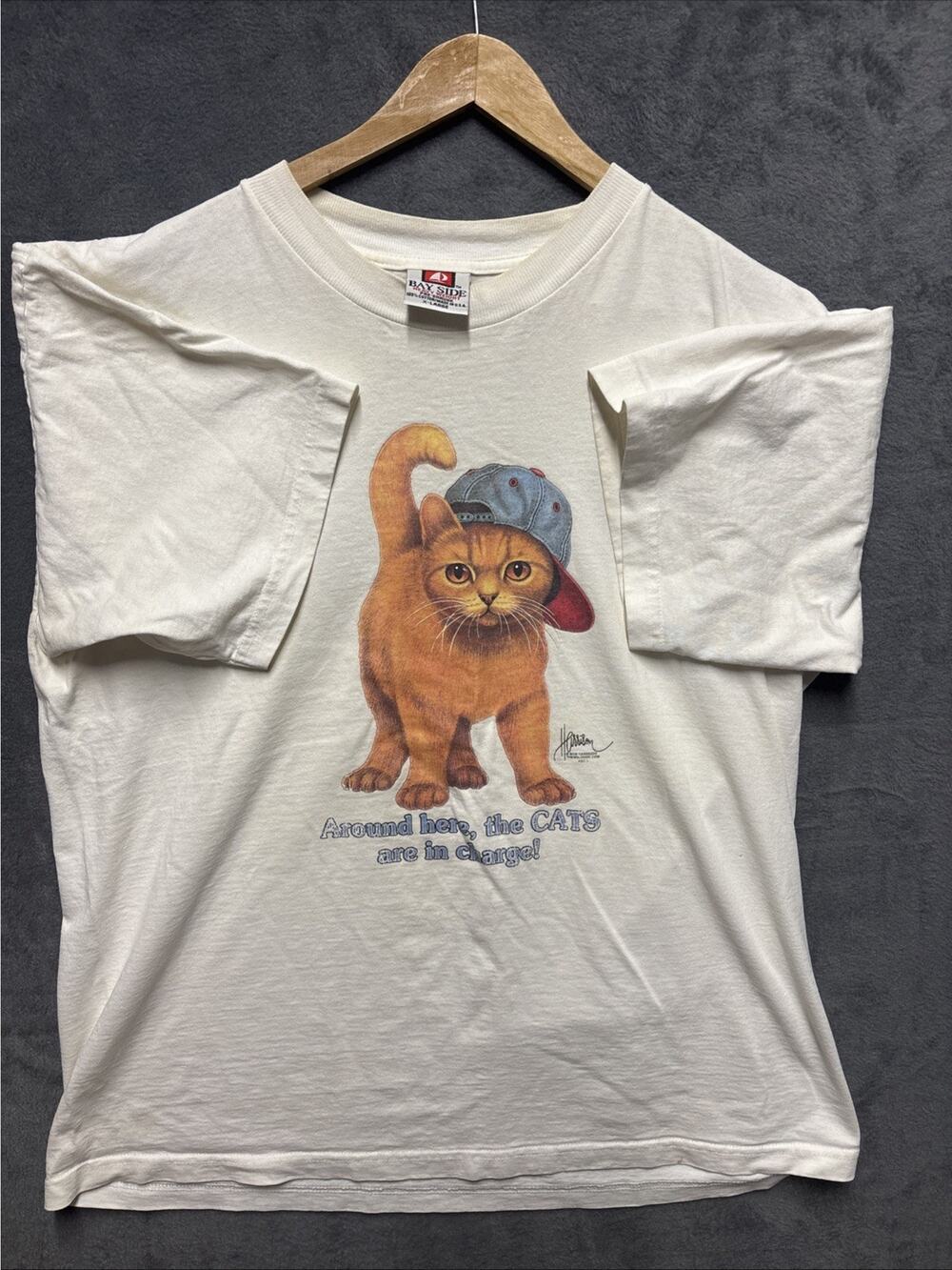 VTG 90S BOB HARRISON CATS ARE IN CHARGE L SHIRT MADE USA NOVELTY ANIMALS EUC